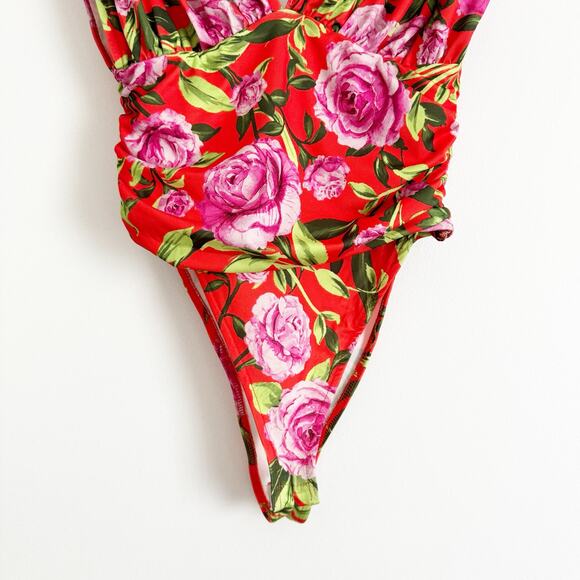 ZARA Floral Plunge Side Ruched Bodysuit Red Small S - Picture 6 of 10
